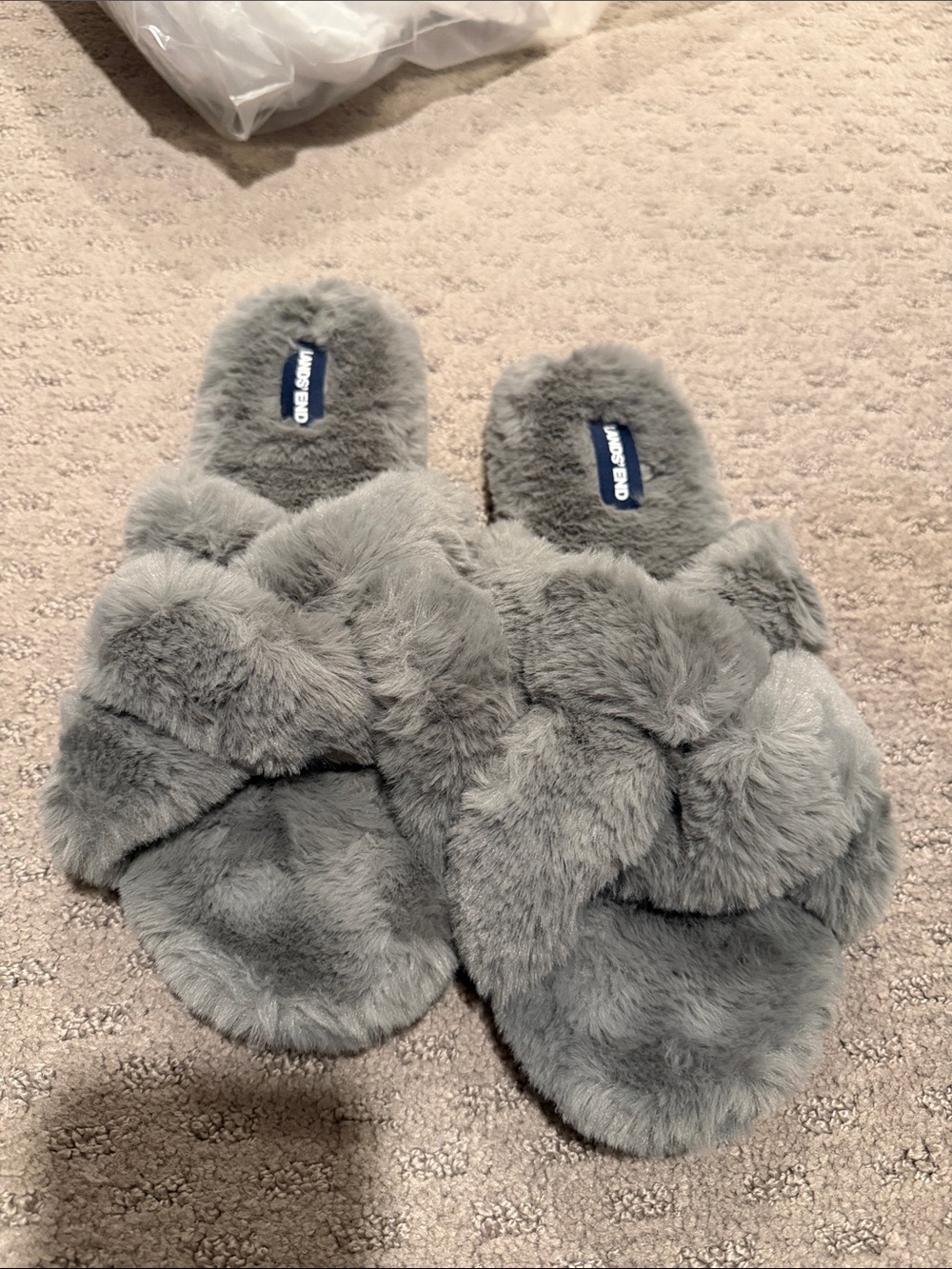 Lands' End Grey Faux-Fur Cross-Band Slide Slippers